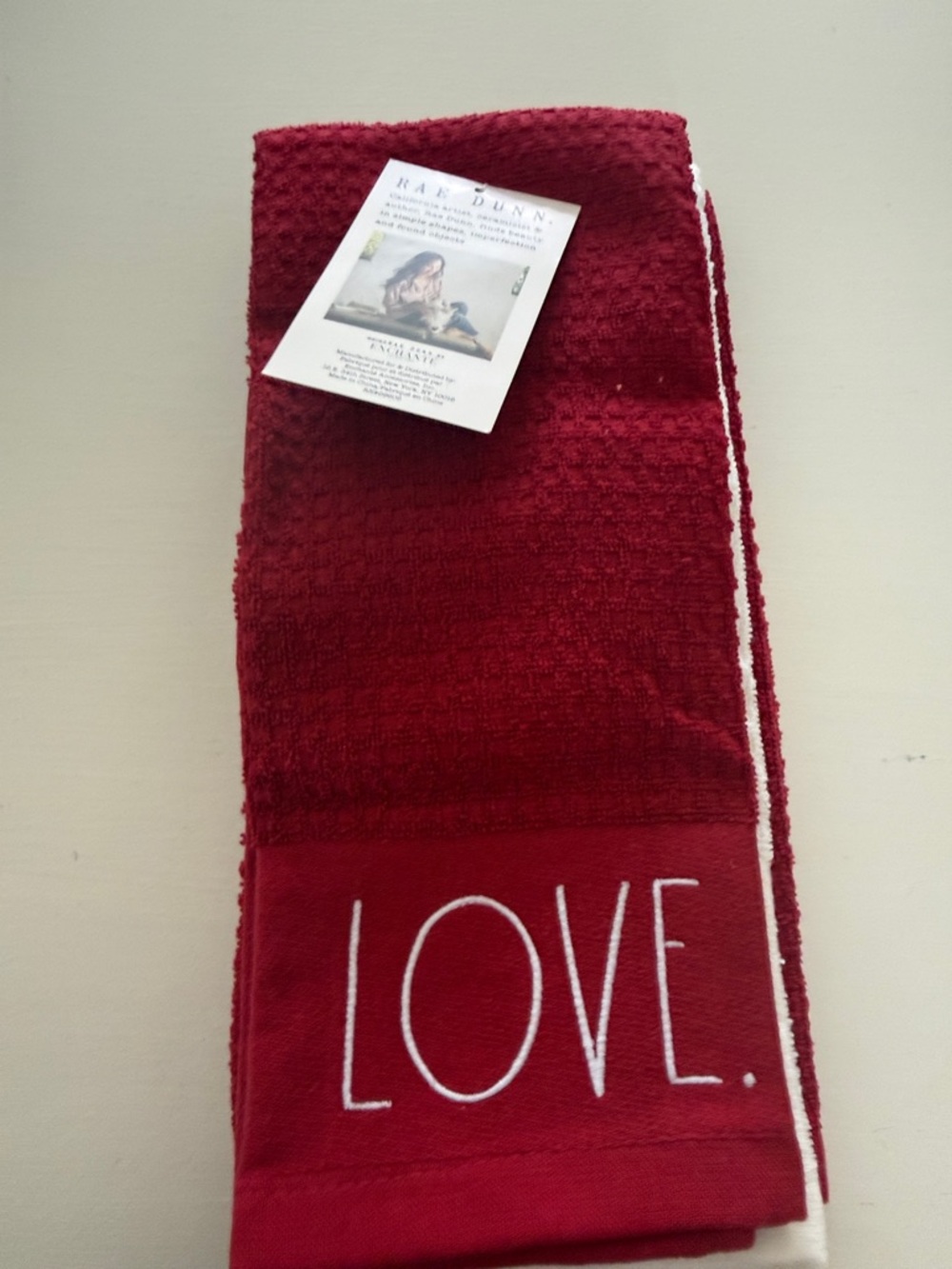 Rae Dunn Red LOVE  HUGS, KISSES Waffle-Weave Kitchen Towel with White Embroidery